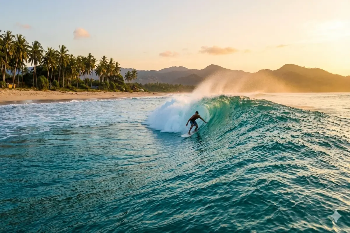 Surfer enjoying perfect wave conditions in Lombok during dry season with offshore winds