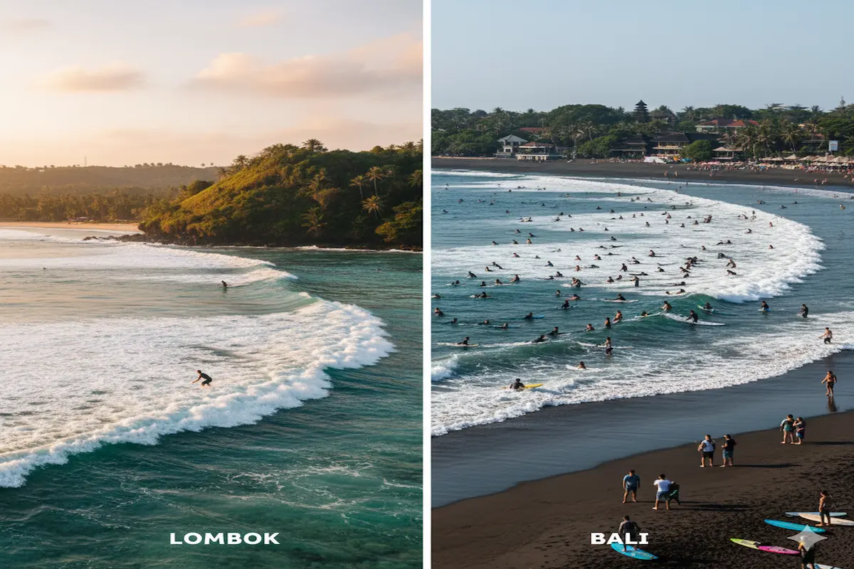 Uncrowded surf lineup in Lombok compared to crowded Bali showing the difference